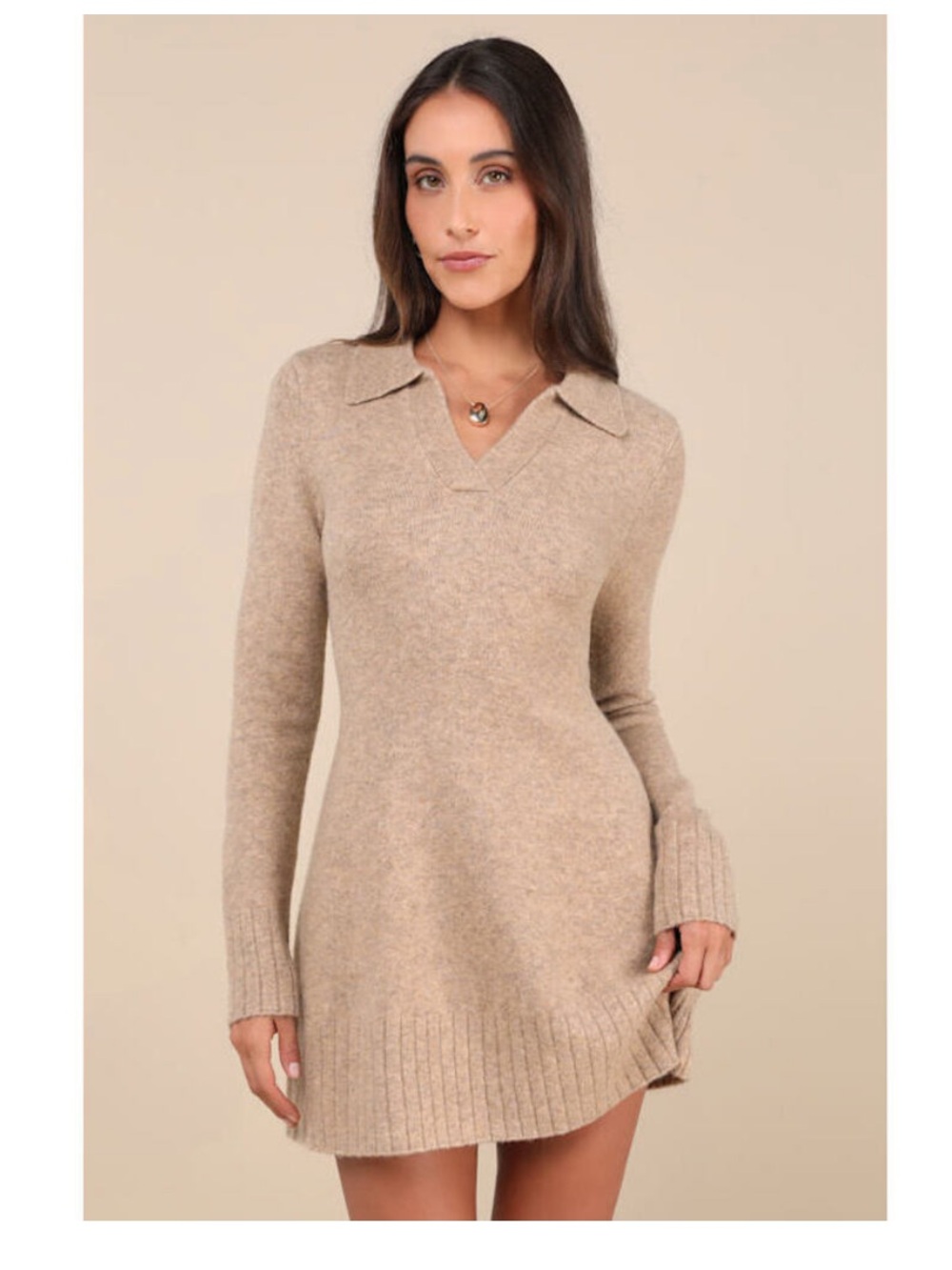 Lulus soft light brown oatmeal sweater knit collared long sleeve mini dress XL